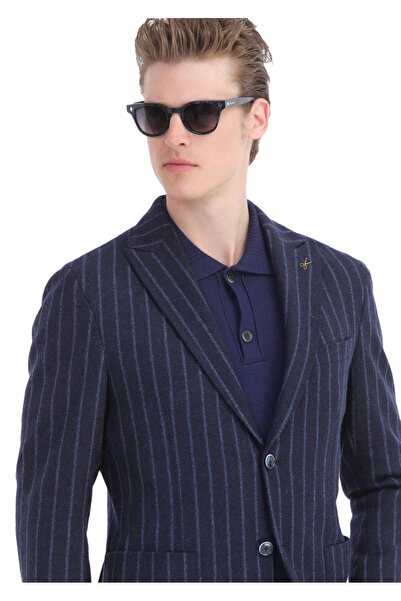 Ramsey Navy Blue Striped Slim Fit Knitted Jacket - Wool Blended