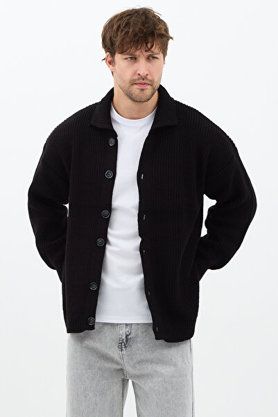 COOL TARZ Men's Black Button Detailed Shirt Collar Regular Fit Knitwear Cardigan