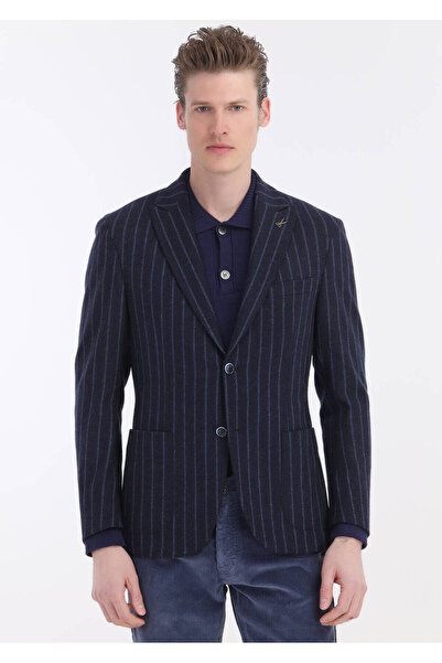 Ramsey Navy Blue Striped Slim Fit Knitted Jacket - Wool Blended