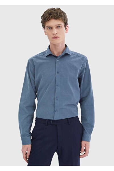 Ramsey Μπλε ίσιο πουκάμισο Casual Fit Woven Velvet Casual 100% βαμβάκι