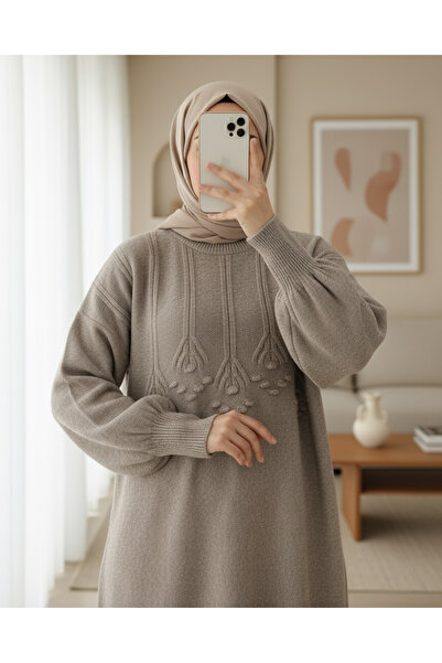 Modamorfo Round Neck Soft Knit Tunic with Stripe and Pom-Pom Detail - Toprak