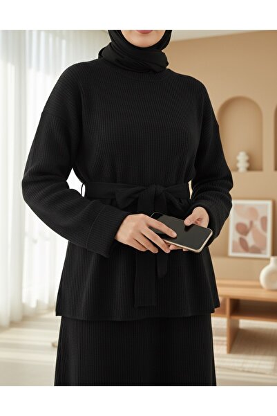 Modamorfo Σετ πλεκτό με λαβή που διπλώνει και ζώνη μέσης με σκίσιμο - Μαύρο