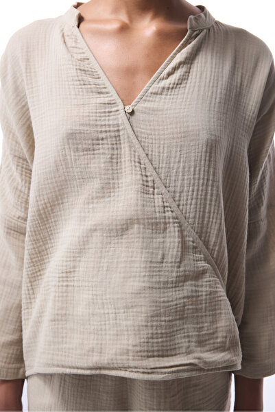 Penti Normal V-Neck Beige Women's Shirt Plkm2Pl425Iy