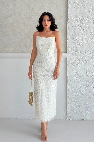 Feminist Midi Boy Straplez Pul Payet Abiye Beyaz 0801134