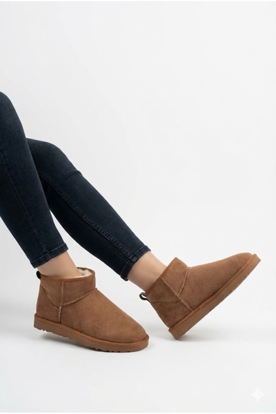 FootFrenzy Kadın Süet Içi Kürklü Alçak Taban Bilekte Kısa Kadın Bot&bootie Taba