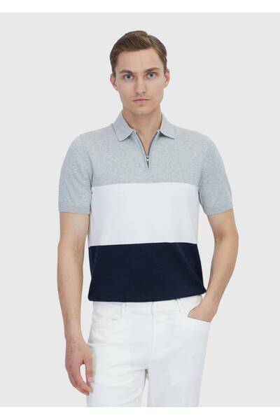 Ramsey Gray Polo Neck Striped Cotton Blend Knitwear