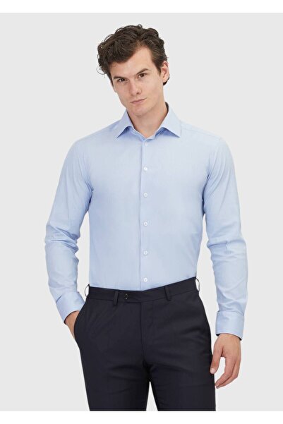 Ramsey Μπλε μονόχρωμο υφαντό κλασικό βαμβακερό πουκάμισο με κανονική εφαρμογή