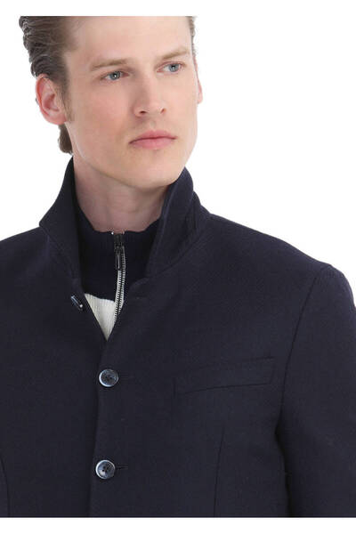 Ramsey Navy Blue Slim Fit Wool Blended Plain Shirt Jacket