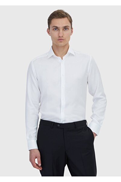 Ramsey Cămașă clasică din amestec de bumbac, albă, simplă, cu croiala normală