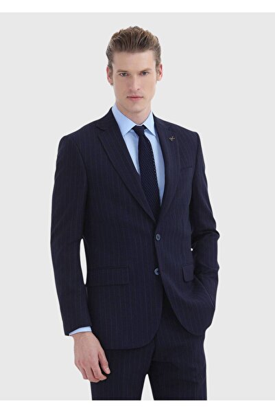 Ramsey Navy Blue Striped Thin&Taller Slim Fit Wool Blended Suit