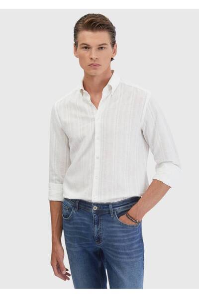 Ramsey Beyaz Düz Casual Fit Dokuma Casual Pamuk Karışımlı Gömlek