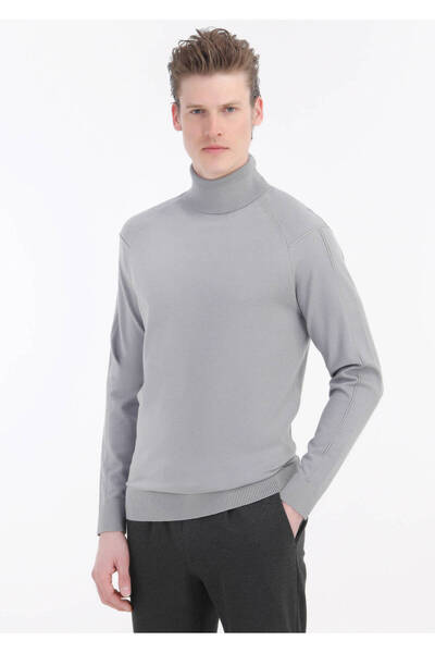 Ramsey Gray Full Turtleneck Plain Knitted Sweater