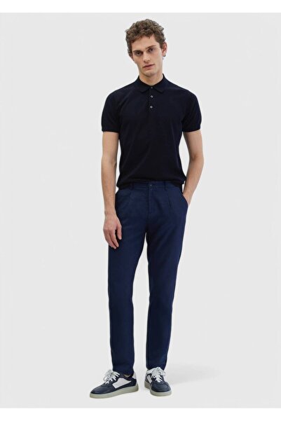 Ramsey Navy Blue Plain Woven Jogging Fit Casual 100% Linen Trousers