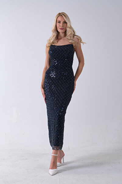 Feminist Midi Boy Straplez Pul Payet Abiye Lacivert 0801134