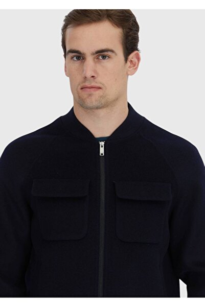 Ramsey Navy Blue Regular Fit Stand Collar Casual Woven Coat