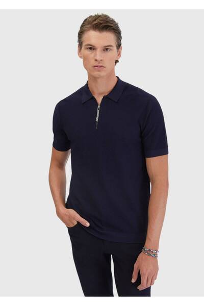 Ramsey Tricotaj jacquard cu gât polo bleumarin