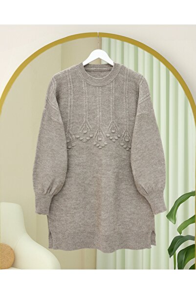 Modamorfo Round Neck Soft Knit Tunic with Stripe and Pom-Pom Detail - Toprak