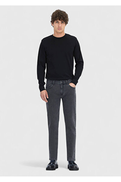 Ramsey Anthracite Straight Slim Fit Denim Cotton Blended Trousers