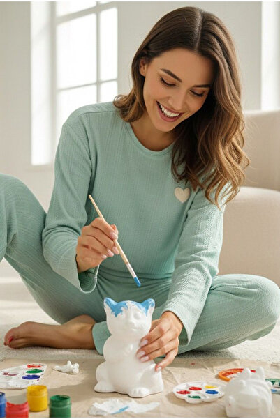 Siyah İnci Πράσινο κοστούμι πιτζάμα με κέντημα καρδιάς, μαλακό πλεκτό από τούβλο