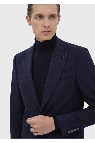 Ramsey Navy Blue Striped Thin&Taller Slim Fit Wool Blended Suit
