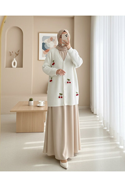 Modamorfo Cardigan tricotat cu nasturi cu mărgele de cireș - alb