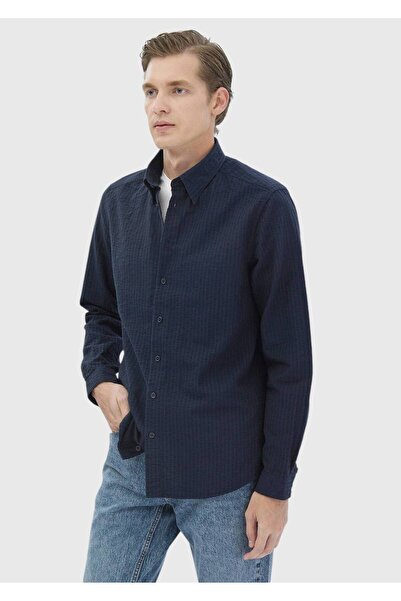 Ramsey Μπλε Navy ριγέ Casual Fit Woven Casual 100% βαμβακερό πουκάμισο