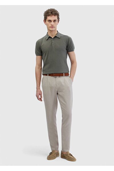 Ramsey Beige Plain Woven Jogging Fit Casual 100% Linen Trousers