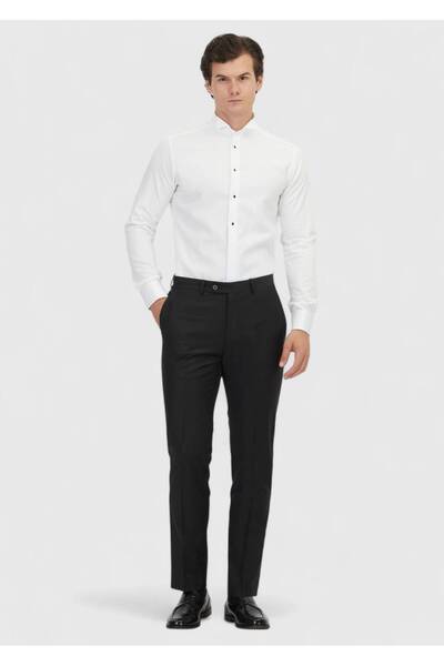 Ramsey Λευκό μονόχρωμο πουκάμισο σμόκιν με διπλή μανσέτα με γιακά