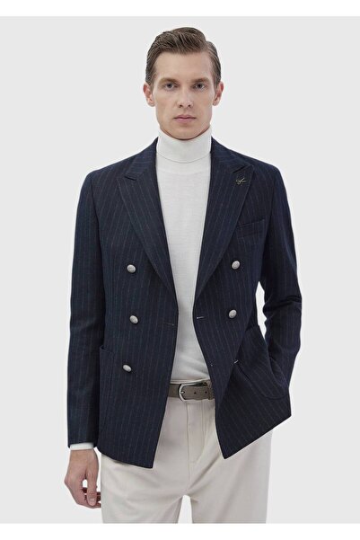 Ramsey Μπλουζάκι με ρίγες Navy Blue Shoulder Slim Fit Μάλλινο Μπουφάν