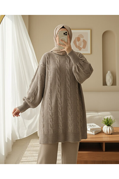 Modamorfo Saç Örgü Desen Yumoş Triko Kazak -Toprak