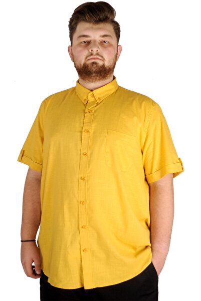 ModeXL Mode Xl Large Size Men's Linen Lycra Shirt with Pockets 20389 Mustard
