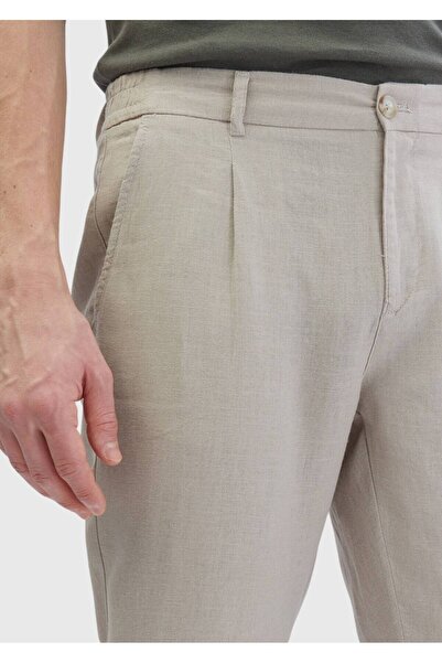 Ramsey Beige Plain Woven Jogging Fit Casual 100% Linen Trousers