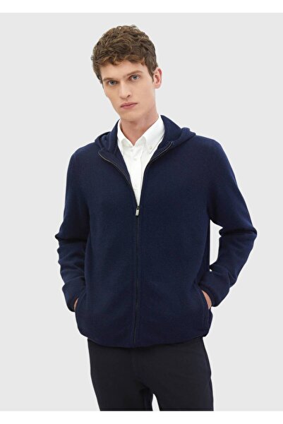 Ramsey Navy Blue Hooded Plain Knit 100% Wool Cardigan
