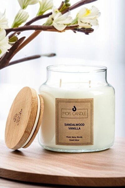 Mois Candle Sandalwood & Vanilya Kokulu Ahşap Kapaklı Kavanoz Mum - Sandal Ağ...