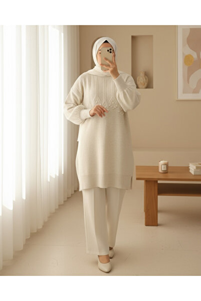 Modamorfo Round Neck Soft Knit Tunic with Stripe and Pom-Pom Detail - Ecru