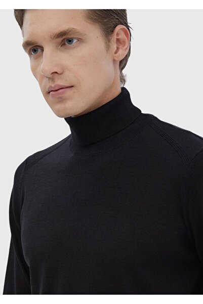 Ramsey Black Full Turtleneck Plain Knit Wool Blended Sweater Sweater