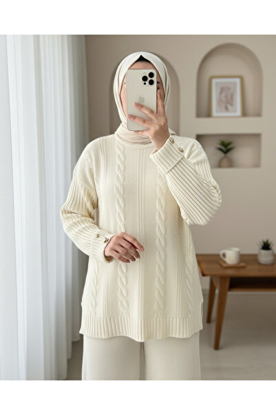 Modamorfo Hair Braid Pattern Sleeve Button Detailed Knitwear Set - Ecru