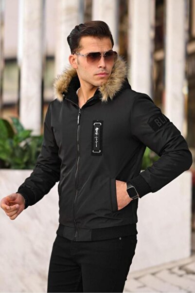 comstar Men's Fur Basic Winter Loose Black Hooded Coat