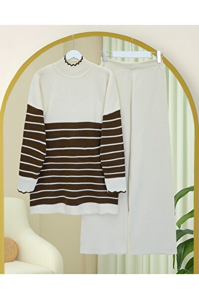 Modamorfo Half-Thigh Striped Knitwear Set - Brown