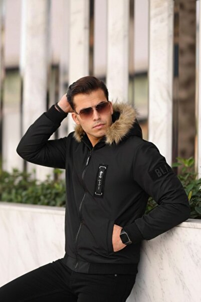 comstar Men's Fur Basic Winter Loose Black Hooded Coat