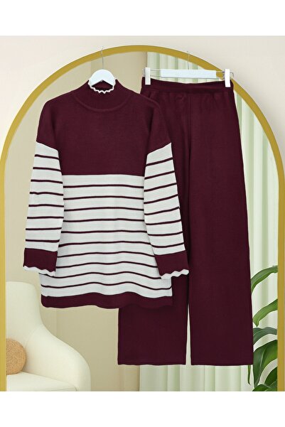 Modamorfo Half-Thigh Striped Knitwear Set - Burgundy
