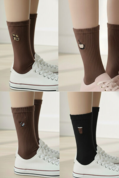 AYDK Кафе Детайлно бродирани летни и зимни ежедневни чорапи, комплект от 4 чифта