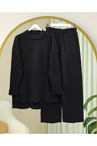 Modamorfo Knitted Patterned Long Back Knitwear Set - Black