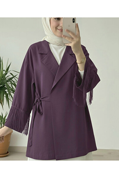 Modamorfo Tie-Front Kimono Jacket with Tassel Detail on the Sleeves - Plum