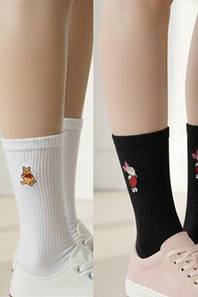 AYDK Piglet Ayı Winnie Nakışlı Siyah Beyaz Pamuklu Yazlık Kışlık Soket Desenl...