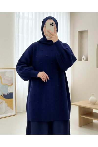 Modamorfo Soft Knit Sweater with Side Slits and Pompoms - Navy