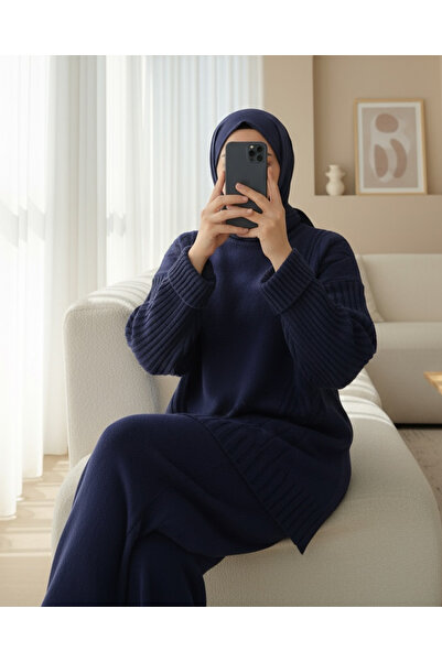 Modamorfo Knitted Patterned Long Back Knitwear Set - Navy