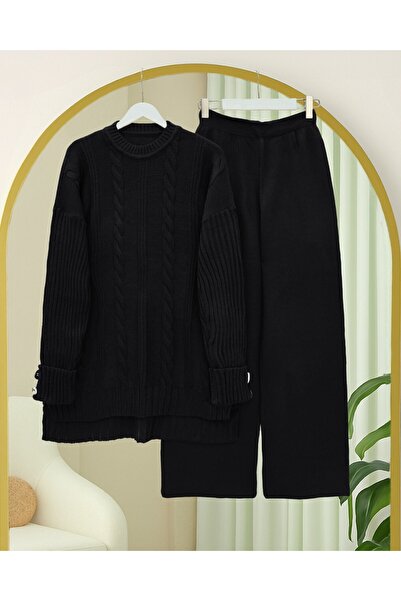 Modamorfo Hair Braid Pattern Sleeve Button Detailed Knitwear Set -Black