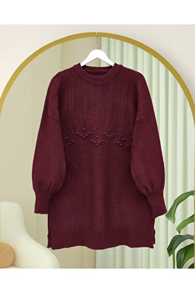 Modamorfo Round Neck Soft Knit Tunic with Stripe and Pom-Pom Detail - Burgundy