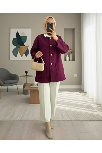 Modamorfo Double Pocket Buttoned Front Cashmere Jacket - Plum